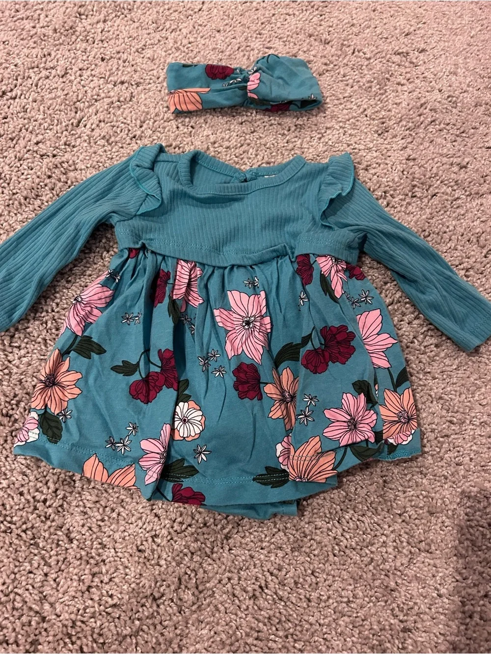 Carter's Teal Floral Long Sleeve Dress with Headband
